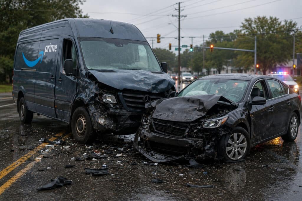 Damaged Amazon Prime delivery van and sedan after collision, with police responding at accident scene