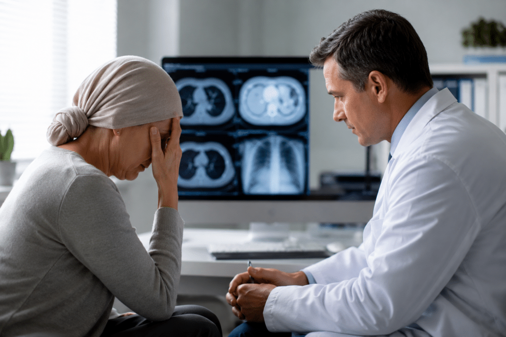 A concerned cancer patient reviewing imaging scans with her doctor, illustrating the seriousness of a delayed cancer diagnosis.

