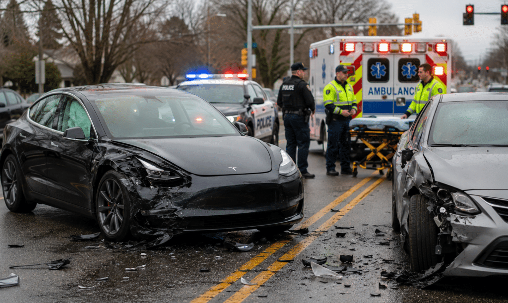 Damaged Tesla and sedan after self-driving vehicle crash with police and ambulance on scene in South Carolina