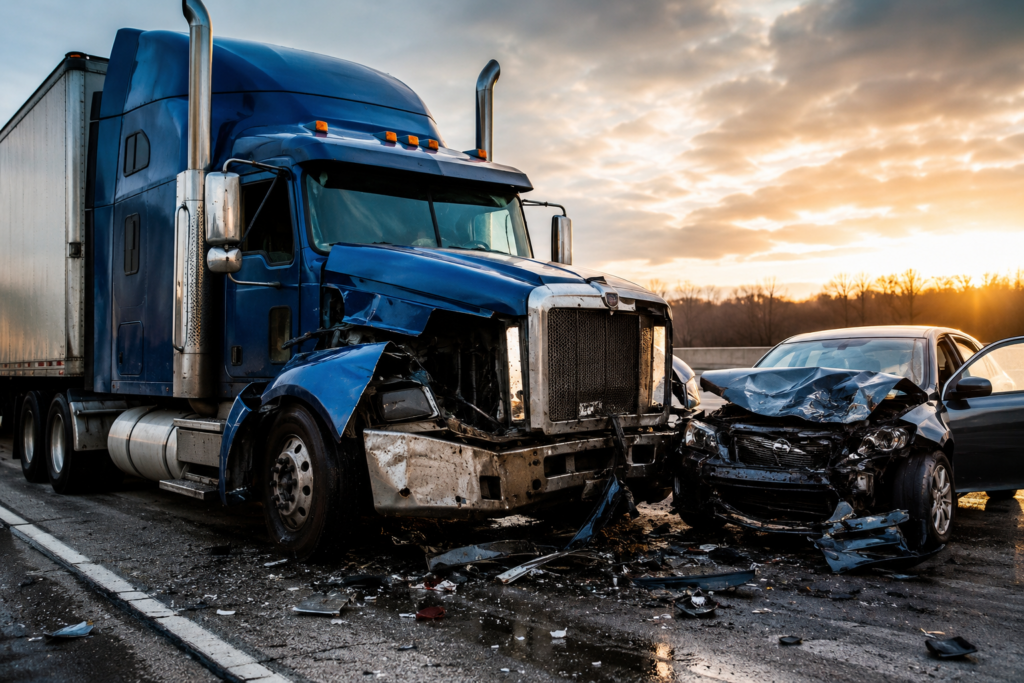 Truck accident in South Carolina involving a damaged semi-truck and passenger vehicle after a serious highway collision; who can be held liable in a truck accident may depend on the circumstances and parties involved.